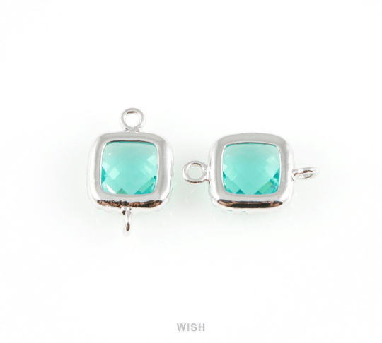 Blue Zircon Faceted Glass Connector in Rhodium, Framed Square Connector / GBZRH-007-P