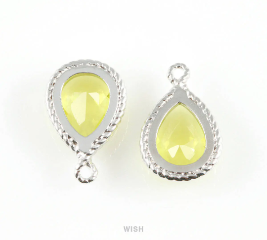 Apple Teardrop Glass Charm in Rhodium, Framed Drop Glass Gem / Birthstone / GAPRH-006-P