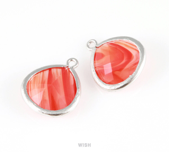 Red Marble Faceted Glass Charm in Rhodium, Framed Drop Glass Bead / GRMRH-001-P (Large)