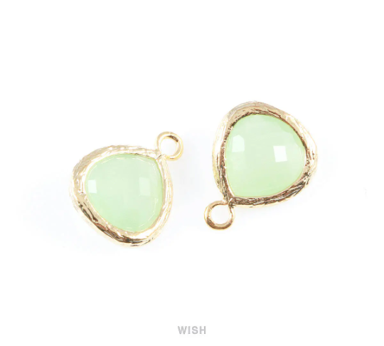 Light Mint Faceted Glass Charm in Gold, Framed Drop Glass Gem / GLMG-003-P (Small)