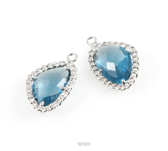 Montana Blue Triangle Shape Pendants in Rhodium, Framed Triangle Charms / GMBRH-034-P