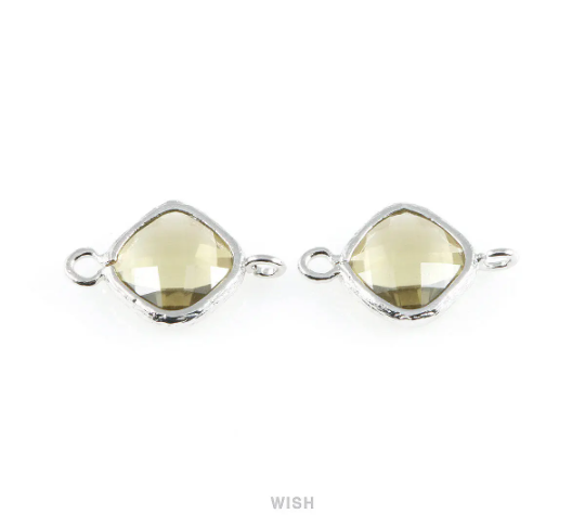 Olivine Rhombus Glass Connector in Rhodium, Framed Rhombus Connector / GOVRH-021-P