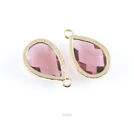 Burgundy Teardrop Glass Charm in Gold, Framed Drop Glass Gem / GBGG-037-P