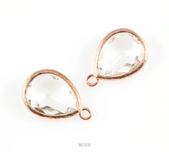 2pcs Clear Teardrop Glass Charm in Rose Gold, Framed Drop Glass Gem /GCLRG-005-P