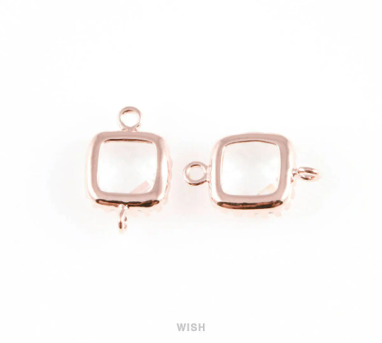 Clear Faceted Glass Connector in Rose Gold, Framed Square Connector/ GCLRG-007-P