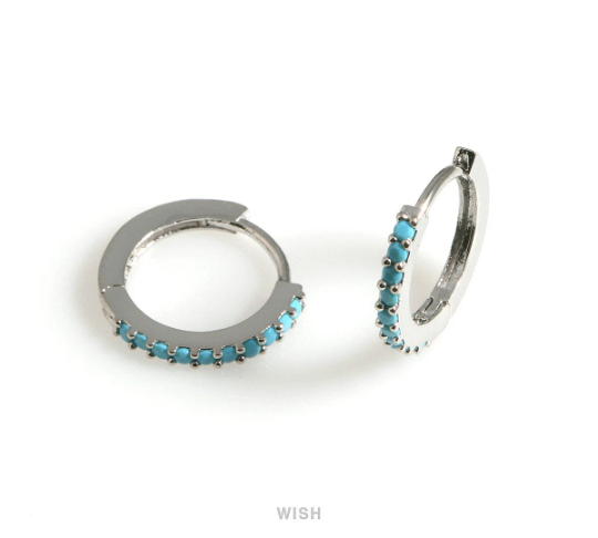 Turquoise Clip Hoop Earrings in Rhodium, 10 Turquoise Hoop Earrings / CRH-083-E2