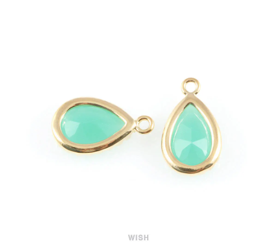 Mint Teardrop Glass Charm in Gold, Framed Drop Glass Gem / GMTG-017-P