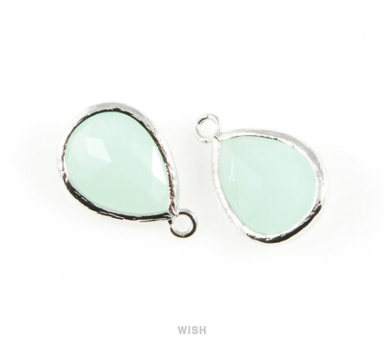 Alice Blue Teardrop Glass Charm in Rhodium, Framed Drop Glass Gem/ GABRH-005-P