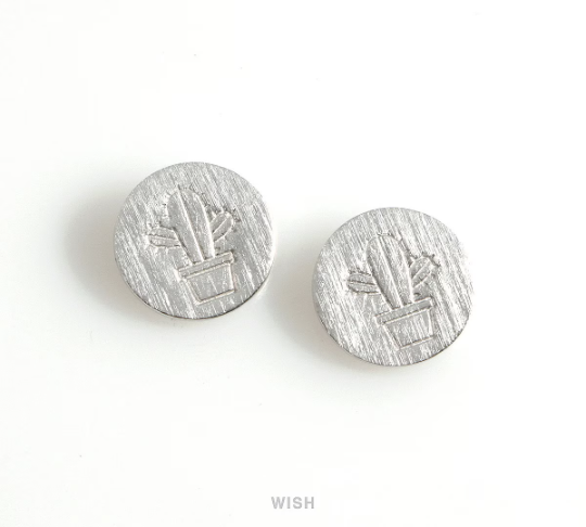 Cactus Disc Pendant in Matte Rhodium, Cactus in Coin Charm / MMRH-485-P