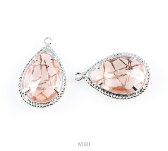 Peach Teardrop Glass Charms in Rhodium, Framed Drop Pendant /GPCRH-022-P
