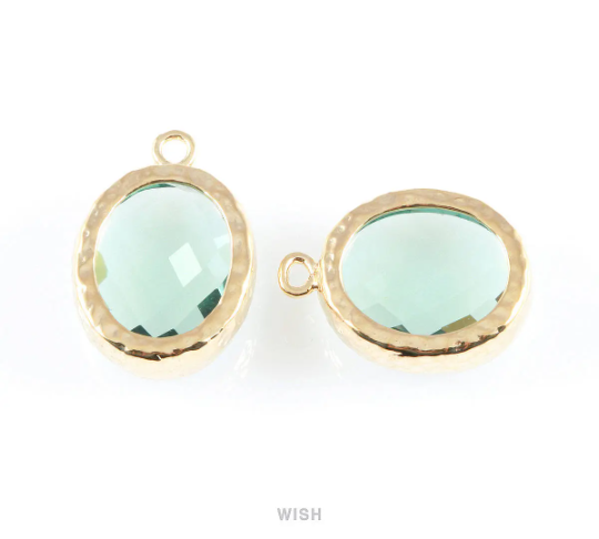 Erinite Faceted Glass Charms in Gold, Framed Oval Pendant / GERG-009-P