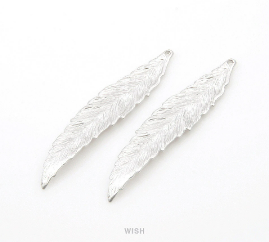 Large Feather Pendant in Matte Rhodium, Textured Feather Charm / MMRH-237-P