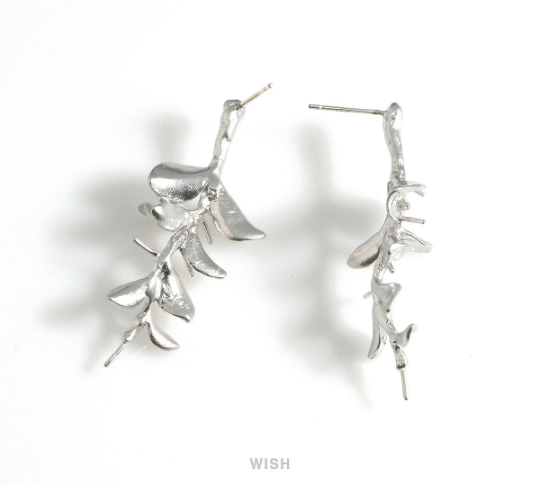 Branch and Leaves Stud Earrings in Matte Rhodium, Branch Stud Earrings / MMRH-589-E