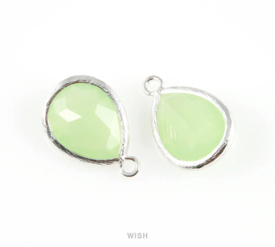 Light Mint Teardrop Glass Charm in Rhodium, Framed Drop Glass Gem / GLMRH-005-P