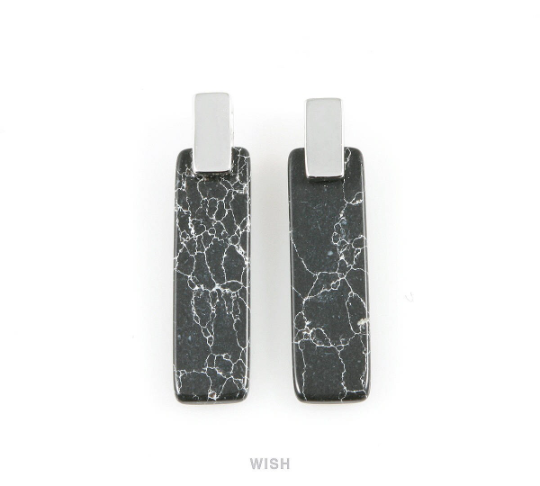 Black Marble Rectangle Stone Charm in Gold, Gemstone Framed Pendant / SBMG-056-P
