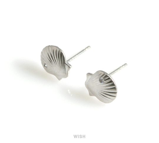 Seashell Stud Earrings in Matt Rhodium, CZ Scallop Seashell Studs / MMRH-569-E