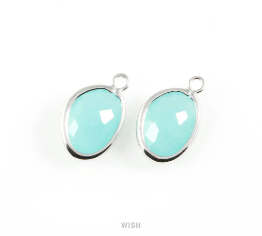 Ocean Blue Pear Glass Charm in Rhodium, Glass Framed Pendant / GOBRH-040-P