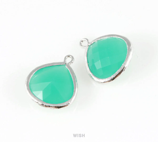 Mint Faceted Glass Charm in Rhodium, Framed Drop Glass Bead / GMTRH-001-P (Large)