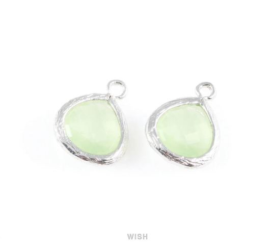 Light Mint Faceted Glass Charm in Rhodium, Framed Glass Gem / GLMRH-003-P (Small)