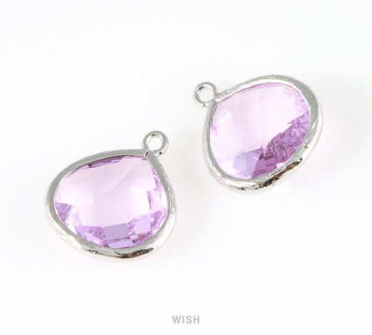 Light Amethyst Faceted Glass Charm in Rhodium, Framed Drop Glass Bead / GLDRH-001-P (Large)