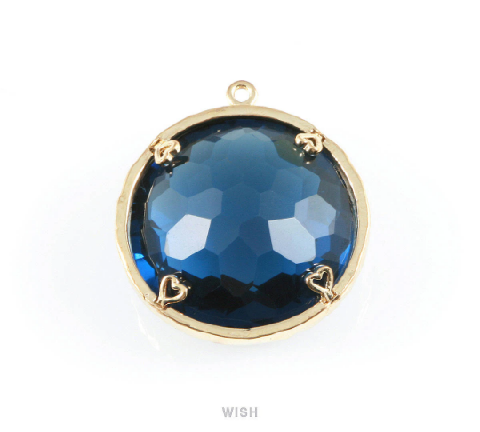 1 piece of Montana Blue Faceted Glass Charms in Gold, Framed Round Pendant / GMBG-011-P