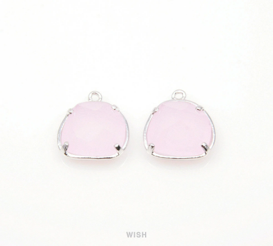 Rose Quartz Pear Glass Charm in Rhodium, Glass Framed Pendant/ GRQRH-093-P
