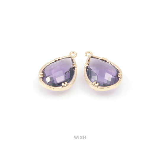 Amethyst Teardrop Glass Charm in Gold, Framed Drop Glass Gem / GTZG-092-P