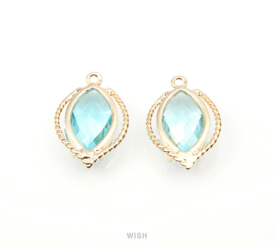 Aquamarine Marquise Glass Charm in Gold, Framed Drop Glass Gem /