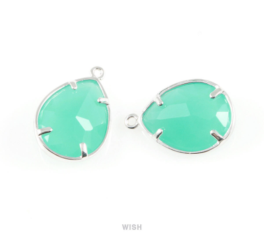 Mint Teardrop Glass Charm in Rhodium, Framed Drop Glass Gem / GMTRH-016-P