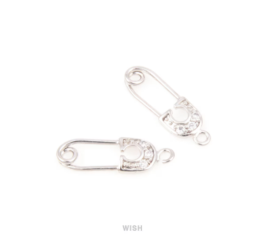 Safety Pin in Rhodium with 3 Cubic Zirconia, Safety Pin Charms / MRH-084-P