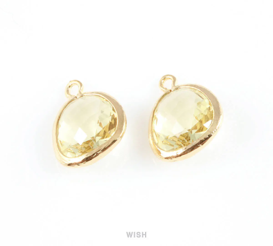 Topaz Faceted Glass Charm in Gold, Framed Drop Glass Gem / GTPG-004-P (Medium)