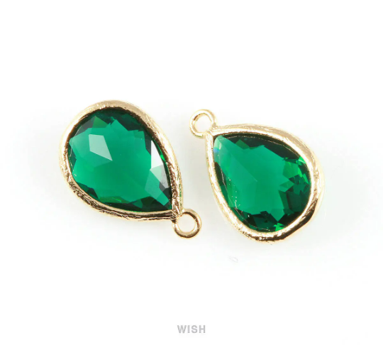 Emerald Teardrop Glass Charm in Gold, Framed Drop Glass Gem/ GEMG-005-P