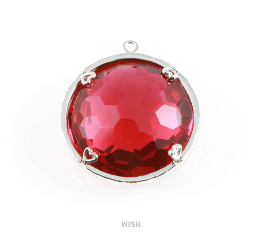 1 piece of Ruby Faceted Glass Charms in Gold, Framed Round Pendant / GRBG-011-P