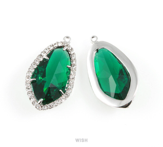Briolette Emerald Glass with Rheinstone in Gold, Framed Pendant / GEMG-043-P (1 piece)