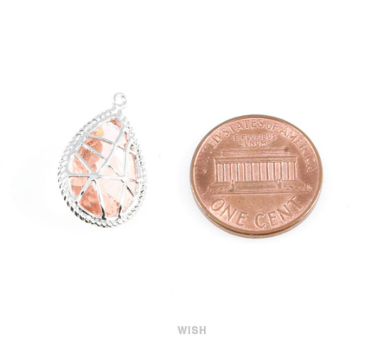 Peach Teardrop Glass Charms in Rhodium, Framed Drop Pendant /GPCRH-022-P