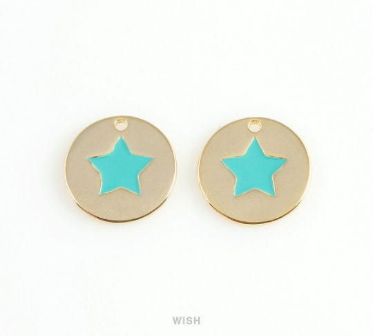 Turquoise Star Disc Pendants in Rhodium, Mint Star Charm /MRH-406-P