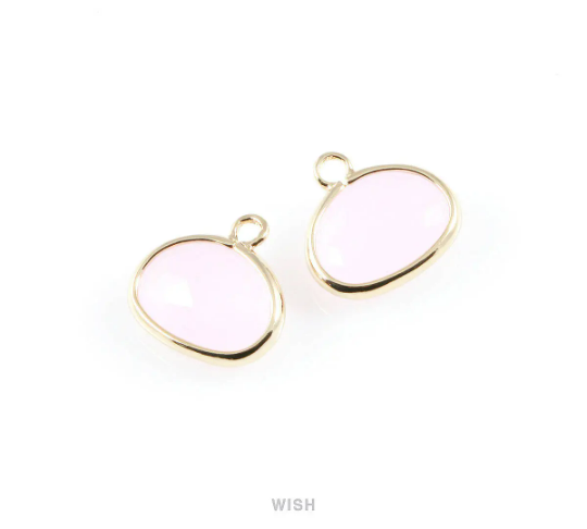 Rose Quartz Oval Glass Charm in Rhodium, Glass Framed Pendant/ GRQRH-039-P