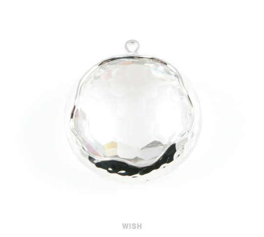 1piece Clear Faceted Glass Charms in Gold, Framed Round Pendant / GCLG-011-P