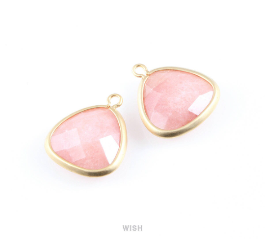 Rose Quartz Faceted Stone Charms in Matte Rhodium, Framed Triangle Pendants / SRQMRH-029-C
