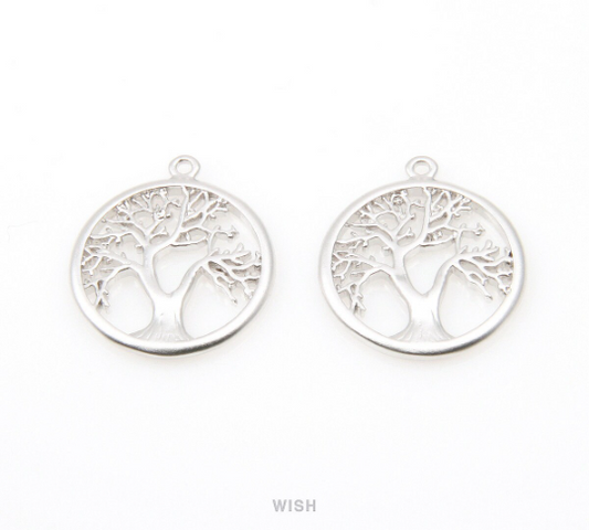 Family Tree in Circle Pendants in Matte Rhodium, Winter Tree Charm / MMRH-076-P