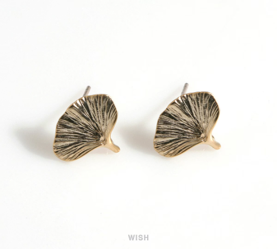 Ginkgo Leaf Stud Earrings in Matte Rhodium, Textured Ginkgo Earrings / MMRH-636-E