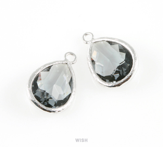 Charcoal Teardrop Glass Charm in Gold, Framed Drop Glass Gem / GCCG-005-P