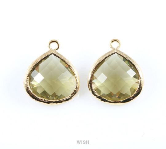 Olivine Faceted Glass Charm in Rhodium, Framed Drop Glass Bead / GOVRH-001-P (Large)
