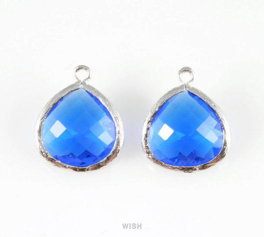 Cobalt Blue Faceted Glass Charm in Gold, Framed Drop Glass Bead / GCTG-001-P (Large)