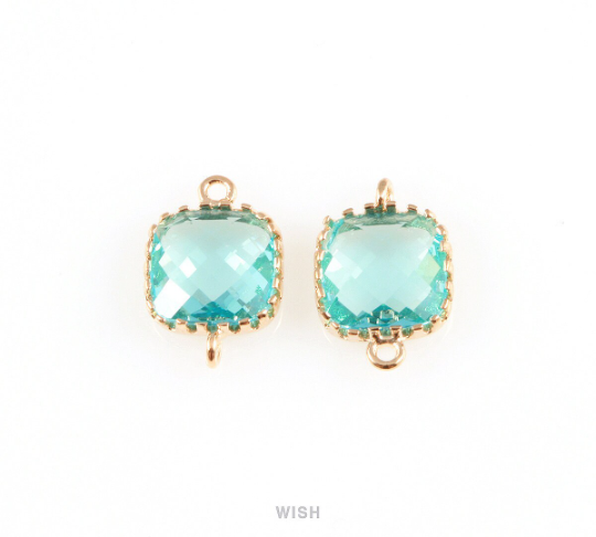 Blue Zircon Faceted Glass Connector in Rhodium, Framed Square Connector / GBZRH-007-P