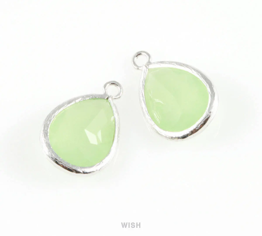 Light Mint Teardrop Glass Charm in Gold, Framed Drop Glass Gem / GLMG-005-P