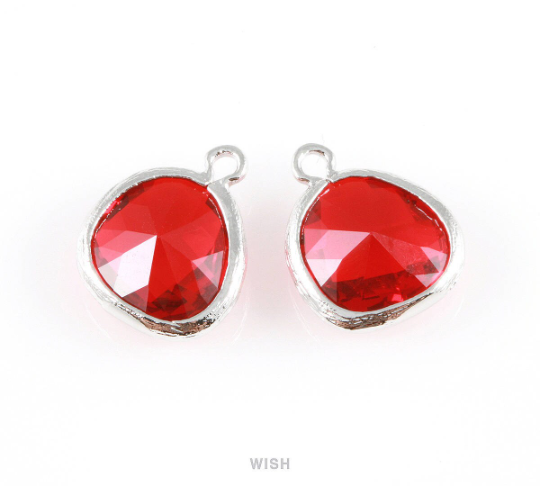 Garnet Faceted Glass Charm in Gold, Framed Drop Glass Gem / GGNG-004-P