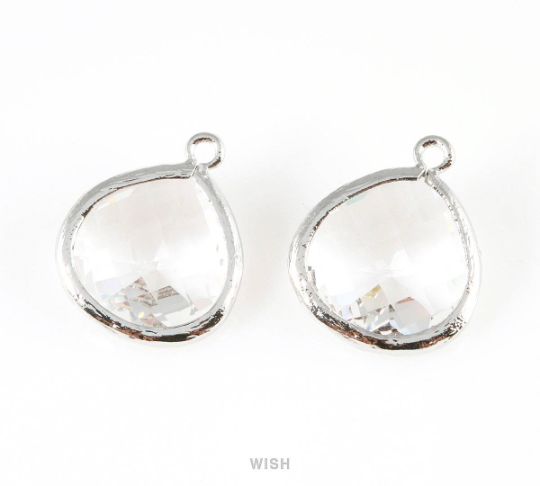 Clear Faceted Glass Charm in Gold, Framed Drop Glass Bead / GCLG-001-P