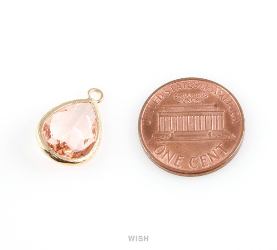 Rose Quartz Teardrop Glass Charm in Rhodium, Framed Drop Glass Gem / GRQRH-005-P