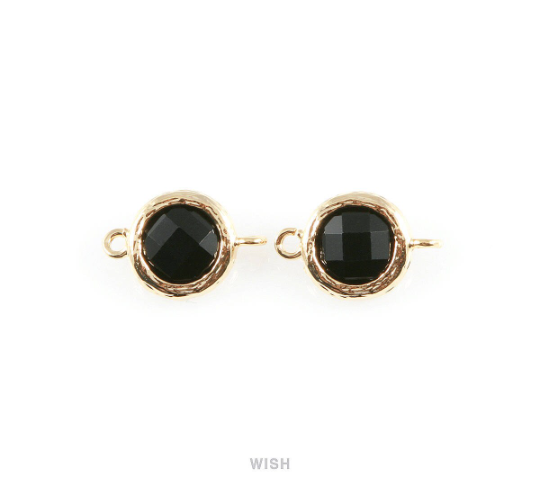 Jet Black faceted Glass Connector in Gold, Framed Round Glass Bead / GJTG-015-P